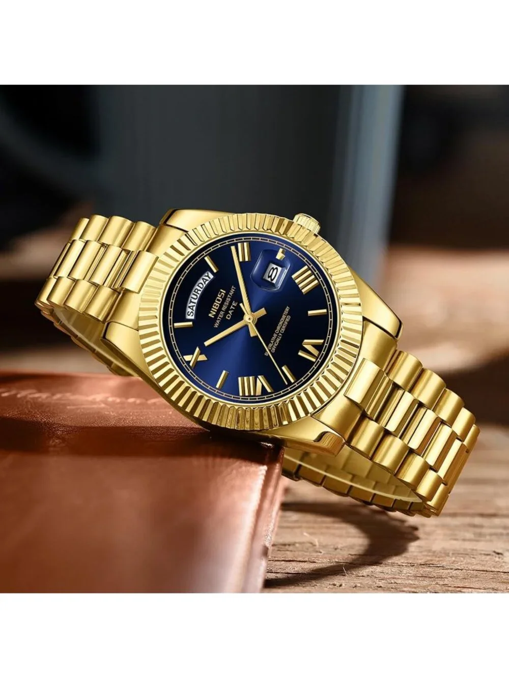 Nibosi Men's Gold Blue Analog Quartz Stainless Waterproof Desiger Wrist Watch
